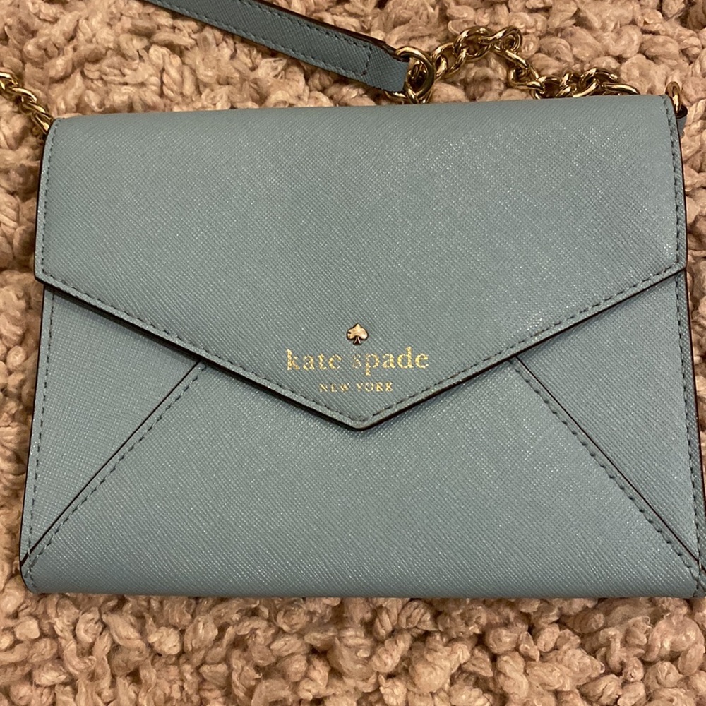 Kate Spade powder blue envelope wallet purse with matching blue/gold chain - Picture 4 of 8